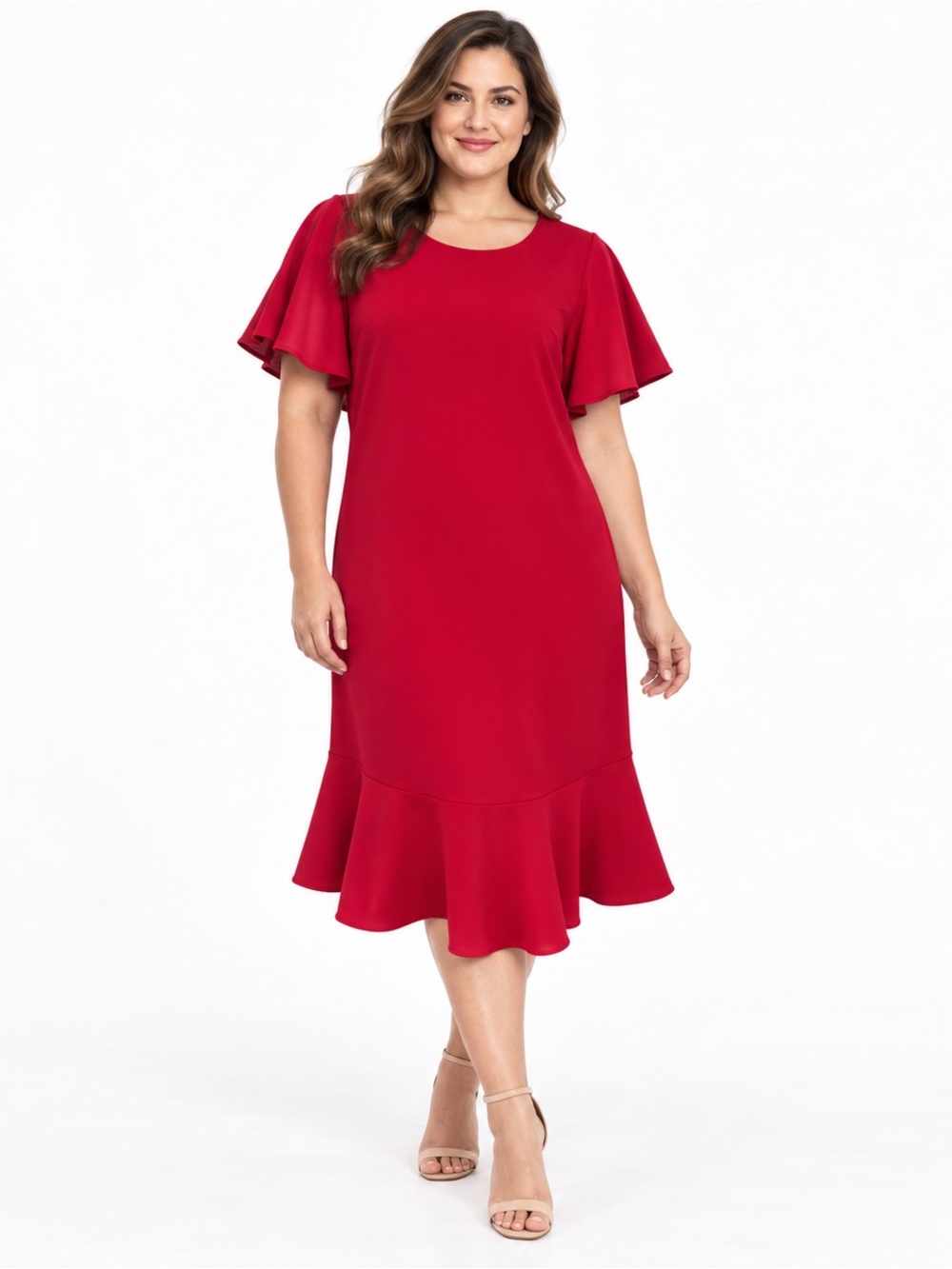 Calvin Klein red flounce shift flutter sleeve dress size 16W cocktail party
